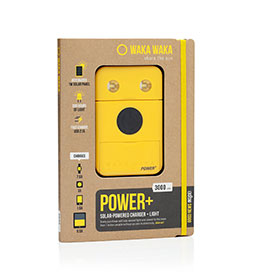 Ein gelbes Solarladegerät in einer Verpackung, die aussieht wie ein Notizbuch